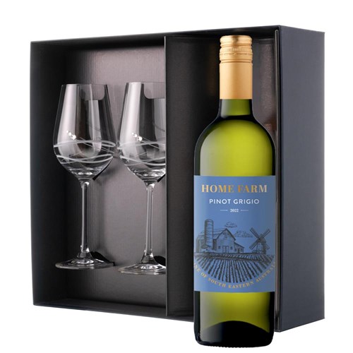 The Home Farm Pinot Grigio 75cl White Wine And Diamante Venezia Glasses Gift Box Set